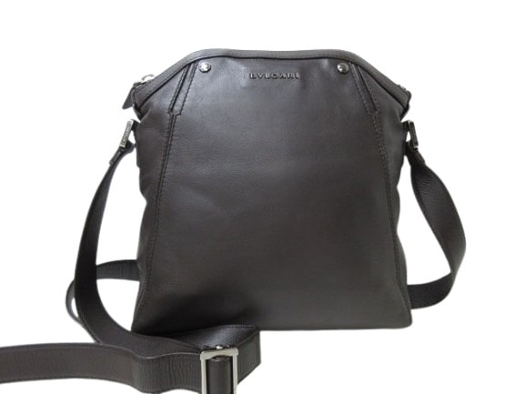 美品 BVLGARI ブルガリ ショルダーバッグ オクト - ブラウン レザー メンズ シルバー金具【本物保証】