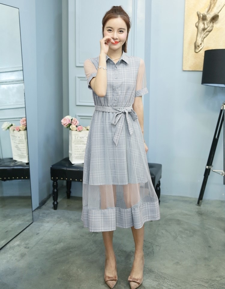 A1036.シースルー襟付きフレアドレス（ブルー）2019 春夏 sale 春夏 sale ワンピース 五分袖 エレガント お呼ばれ パーティー 結婚式 披露宴 女子会 レストラン デート