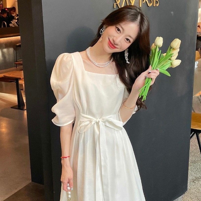 ワンピース ドレス ロング丈 袖あり 5分袖 スクエアネック シフォン ウエストリボン ハイウエスト 薄手ホワイト グリーン ピンク ブルー 個性的 おしゃれ 春 夏 無地 レディース フォーマル