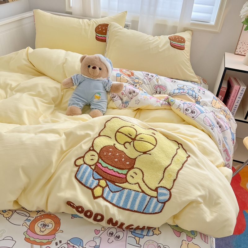漫画タオル刺繍入りベッドシーツ4点セット学生寮用スリーピースかわいいスポンジボブスクエアパンツキルトカバーシート女の子用