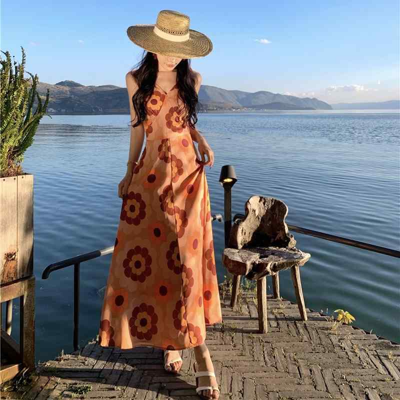 ワンピース 大人 女性 夏 Vネック 花柄 Aラインスカート ロングスカート スリム レトロ サスペンダードレス カラフル 海辺 旅行 レディース エレガント