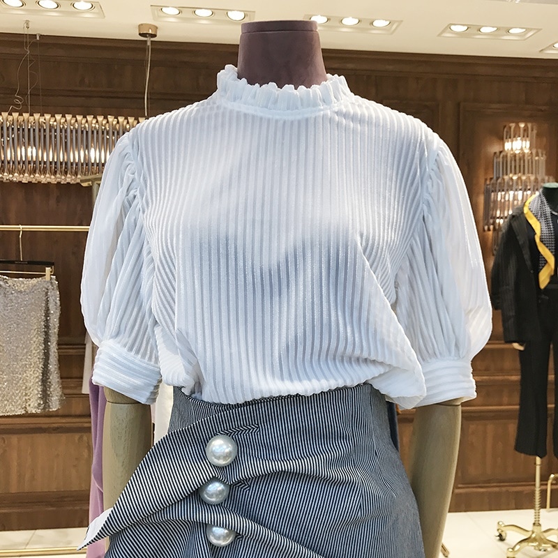 ハイネックリブブラウス カジュアル　ラフ　ガーリー　フェミニン　デート　通勤　通学　0579t