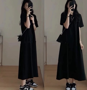 ロングワンピース 大きいサイズ ブラック Tシャツワンピース ワンピース ロング丈 半袖 Uネック スリム タイト 細身 ストレート スマート かわいい 大人可愛い シンプル カジュアル 大人