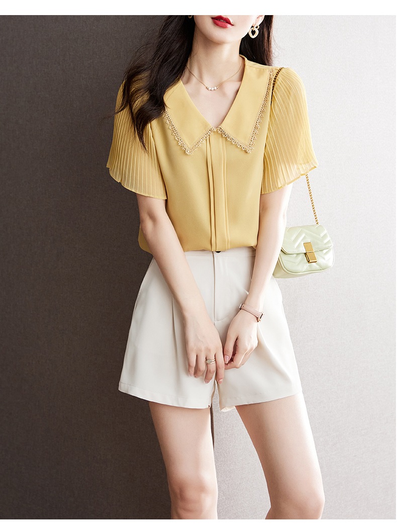 エレガント カジュアル 外国風 プリーツ 半袖 ルーズ シフォンシャツ 春 夏 ショート トップ 女性 イエロー ホワイト ピンク M L XL XXL トップス 袖あり かわいい 大人可愛い