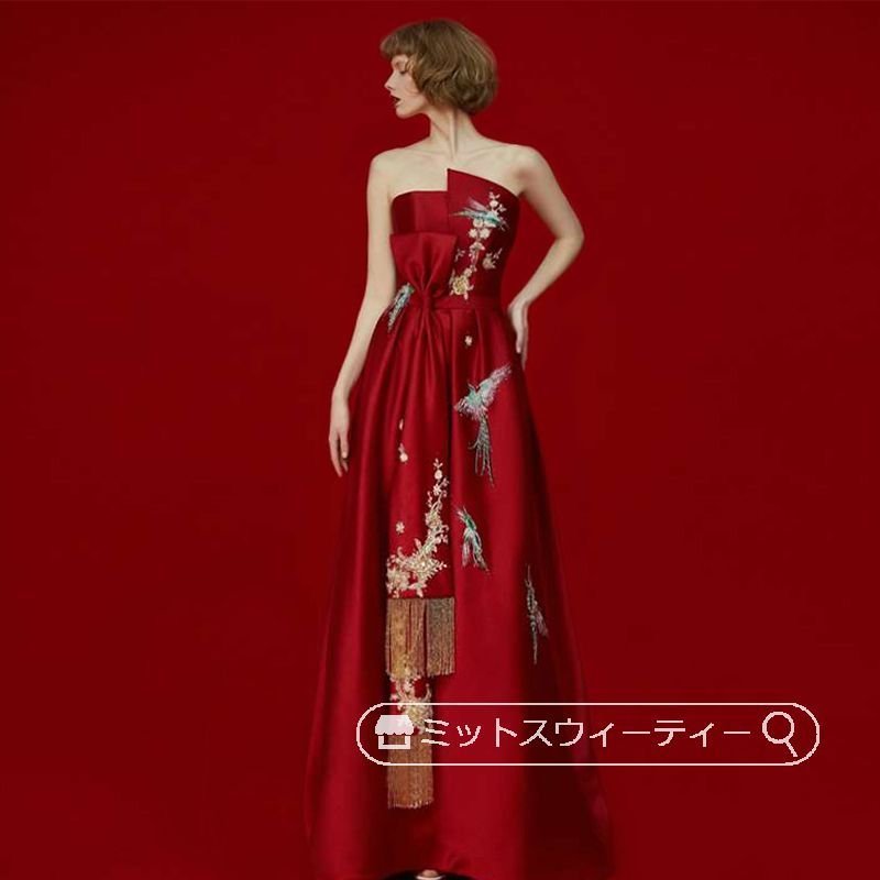 パーティードレス カラードレス 結婚式 披露宴 Aラインドレス ベアトップドレス ビスチェ 演奏会