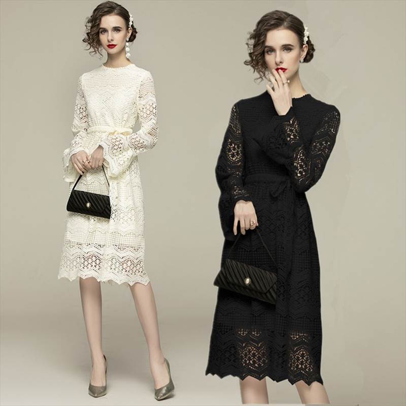 2色 ワンピース ドレス ワンピドレス パーティドレス パーティ 総レース 膝丈 タイト 春 夏 黒 白 個性的 レトロ 可愛い 長袖 大きいサイズ 2XL レディース 白 黒 ホワイト ブラック フ