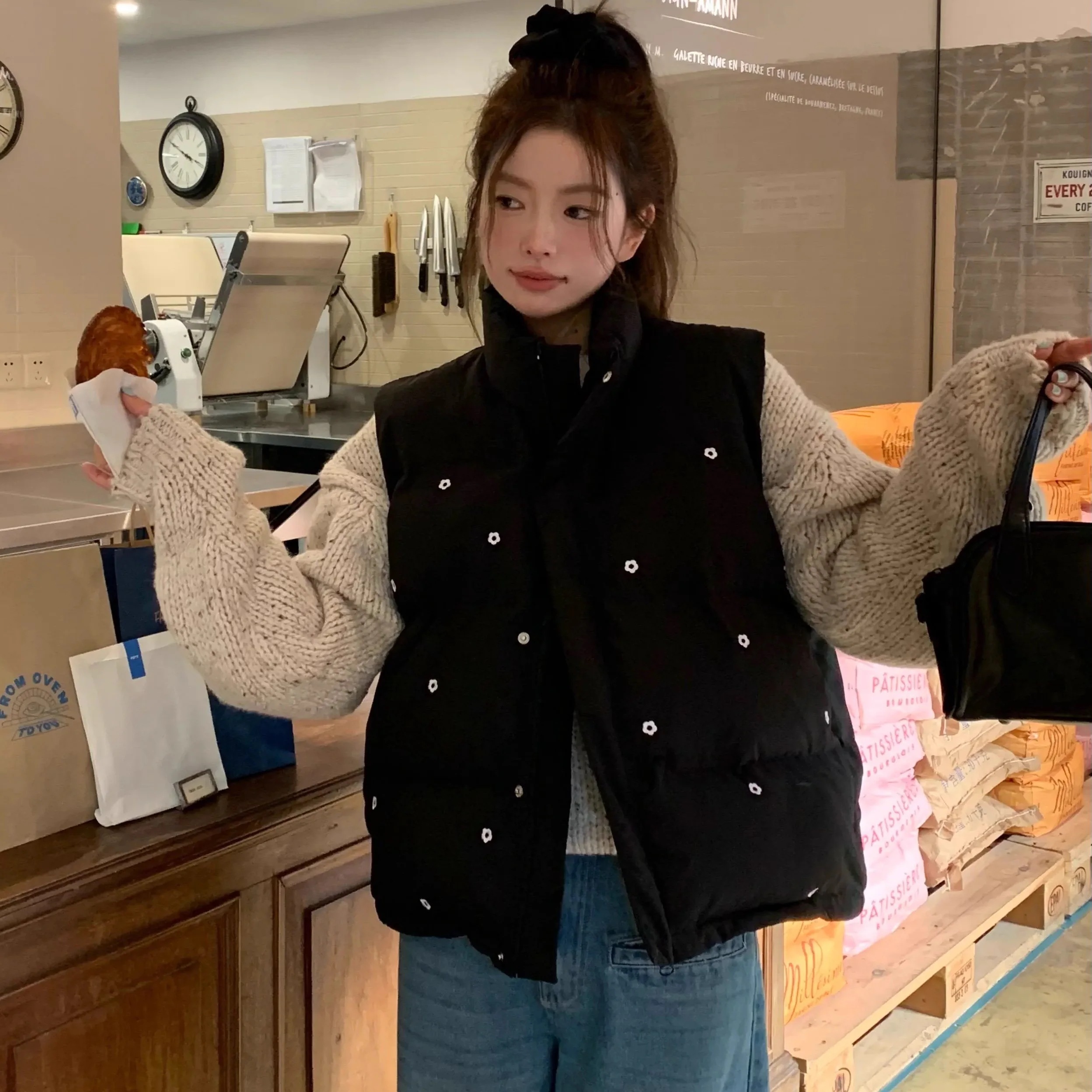 小花柄 エコダウンベスト レディース 韓国 ファッション 中綿 パデッド ボリューム ダウンベスト