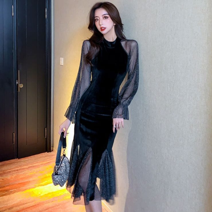 シースルースリーブマーメイドラインドレス パーティードレス 結婚式 フォーマル ワンピース フォーマル 卒業式 入学式 二次会 披露宴 発表会 大人 20代 30代 40代