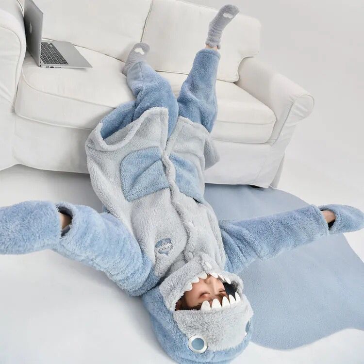 送料無料 パジャマ 2点セット shark サメ 鮫 帽子付き 着ぐるみ フランネル 長袖 秋冬 カップル もこもこ フード付き ルームウェア お揃い 部屋着 アニマル 寝巻き 柔らかい 肌に優しい