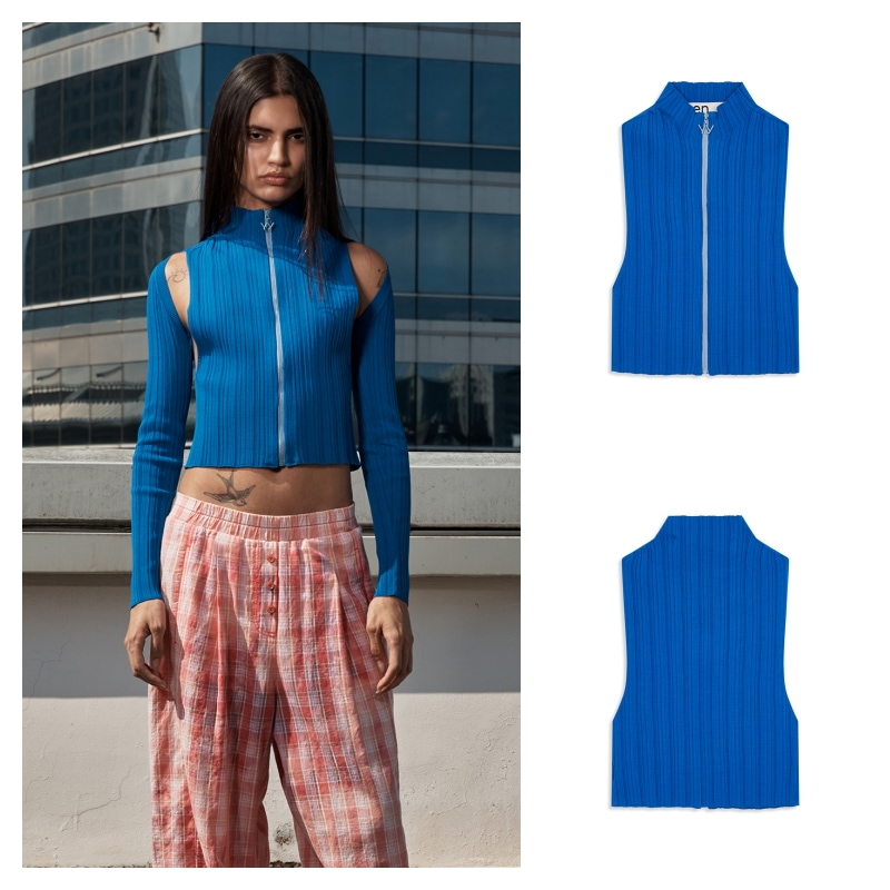 【OPEN Yy】 PLEATED ZIP KNIT VEST : BLUEニット