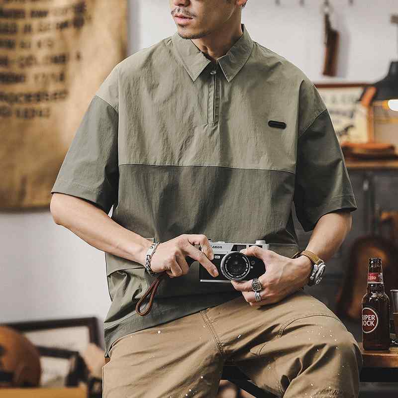 ポロシャツ アメリカン 速乾 薄手 シャツ メンズ 半袖 Tシャツ 夏 ステッチ ドレープ 通気性 シャツ襟 ブラック キャメル グリーン