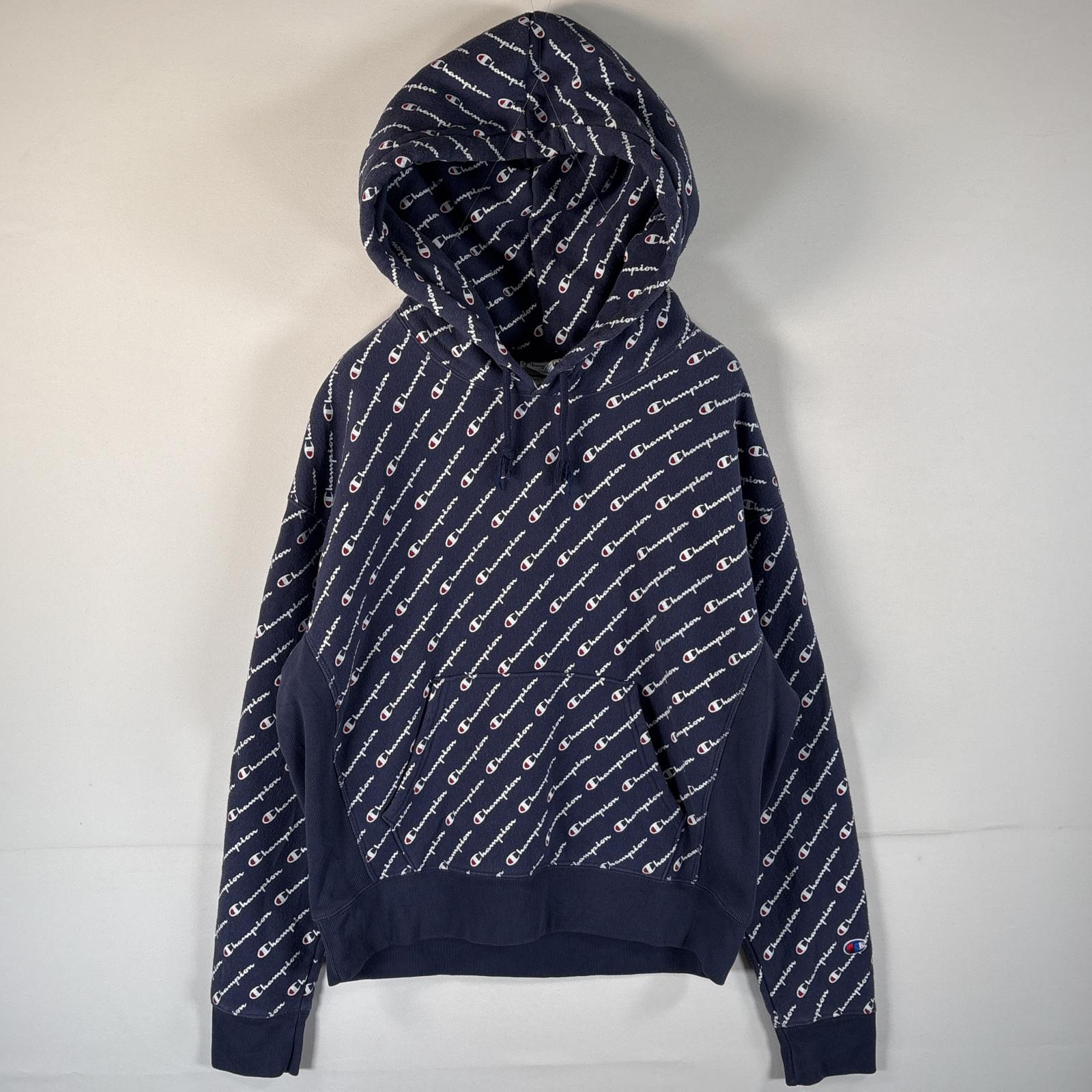 古着 00’s/00年代 パーカー リバースウィーブ 復刻 フーディー フード紐 マフポケット LARGE ネイビー 総柄 メンズ