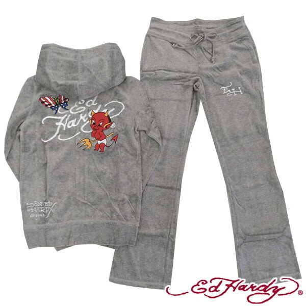 エドハーディー レディース 刺繍 長袖 ベロア セットアップ Ed Hardy DEVIL グレー エドハーディー 正規品 海外 LAセレブ 着用 サファリ ファッション 雑誌 掲載 ブランド クリ