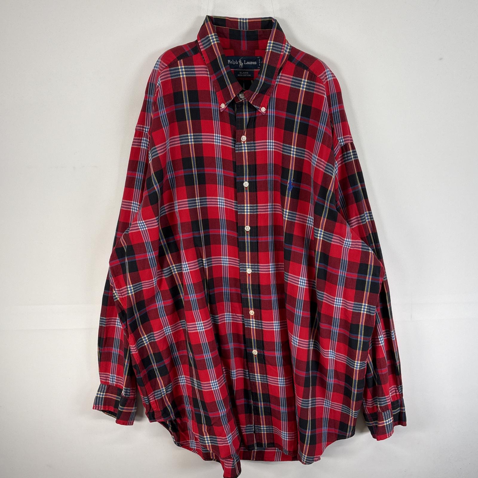 古着 長袖シャツ チェック 大きいサイズ 薄手 ロゴ 刺繍 XXL レッド マルチカラー メンズ