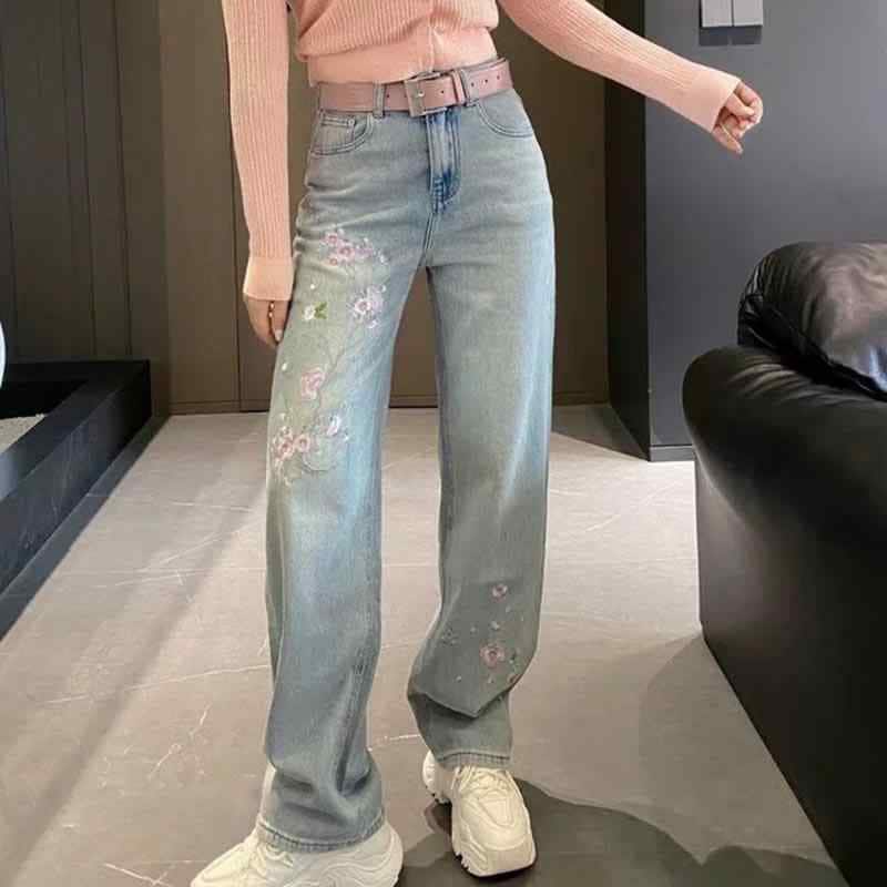 デニム パンツ ボトムス レディース 夏 刺繍 ストレート ジーンズ 中国風 スリムフィット ドレープ 青 花柄