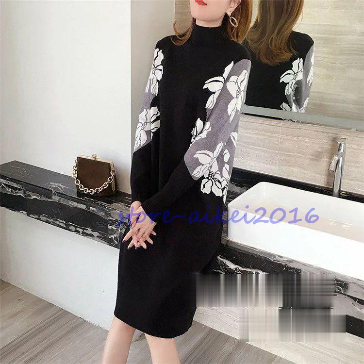 (BOOB)ニットワンピース レディース 秋冬 膝丈 ワンピース 厚手 きれいめ 花柄 上品 ワンピース 大人 お出かけ 30代 40代 50代長袖 体型カ 通勤 OL 新作 着痩せ