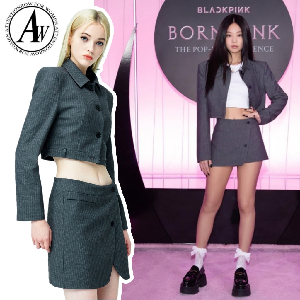【ATTENTIONROW】 Herringbone Belted Cropped Jacket 22FW01AW027 [BLACKPINK ジェニ着用] クロップジャケット