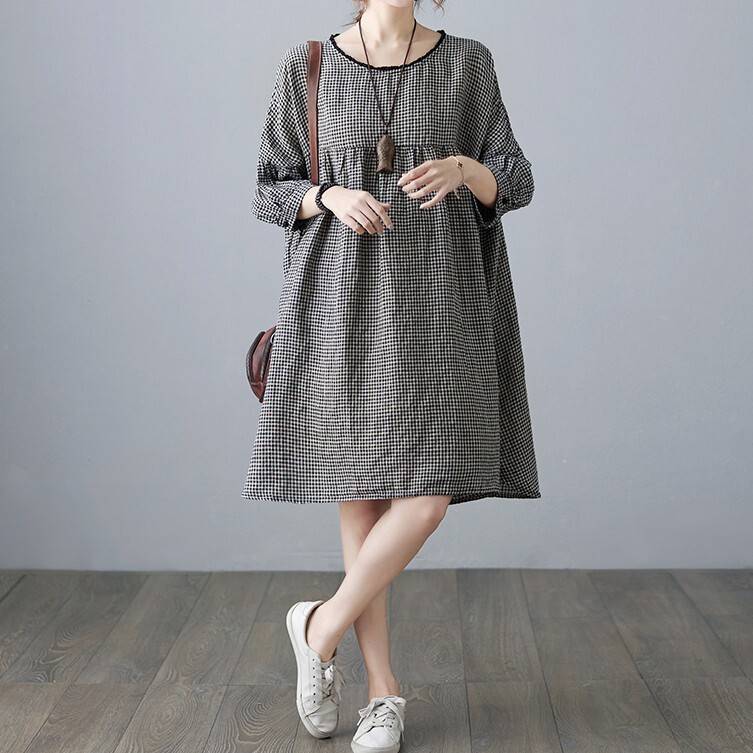 ワンピースドレスその他 ワンピースドレスパフスリーブ チュニック 襟なし ワンピース ギンガムチェック 女 サイドスリット 20代 ひざ丈 チェック柄 ママ会 お出かけ ラウンドネック 夏 5