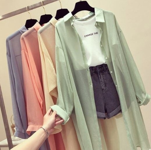 ６色 トップス ブラウス レディース 春夏 カジュアル オーバーサイズ ゆったり ロング 長袖 襟付き BIGシルエット スリム ストレート 前開き 透け感 シースルー 白 ホワイト 黒 ブラック 青