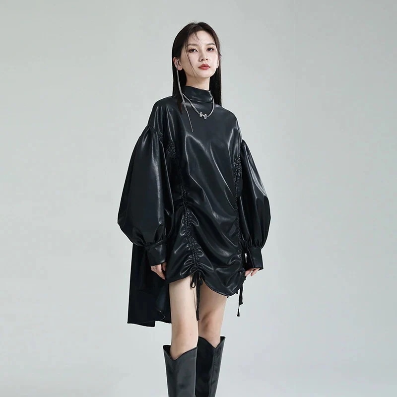 【J.Fashion】 レザー ワンピース マント風 体型カバー チュニック 巾着 ワンピース レディース おしゃれ 関連商品は店で購入可能 メガ割30%までに制限