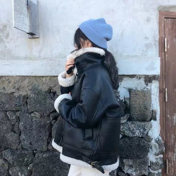 風 ラムズウール バイカーレザージャケット レディース ショート アウター 厚手 ジャンパー