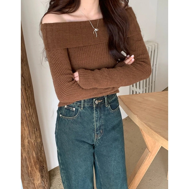 クーポン セーター レディース ニット オフショルダー トップス セクシー ニットセーター ショート丈 長袖 カットソー 無地 可愛い パーカー プルオーバー ファッション 原宿系 通学 春秋冬 リブ