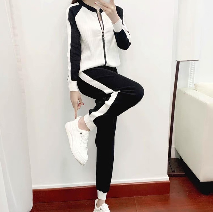 レディース スウェット ジャージ セットアップ ストレートパンツ スウェットパンツ フルレングス 長袖 Uネック フェミニン ストリート ハイウエスト 前開き バイカラー 配色 ニット 大人可愛い