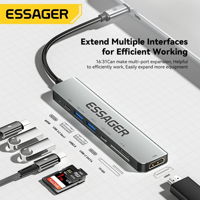 納期21日Essager-USB Type-Cハブ,ノートブック用,MacBook Pro/Air/M1/m2互換,エクステンダー,アダプター,3.0 5,510円