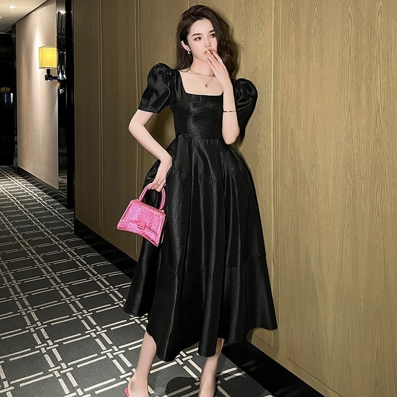 夏 ロングワンピース スクエア襟 黒 Aライン ドレス パーティー キャバ 着痩せ 大人 同窓会 披露宴 卒業式 結婚式 演奏会 ウェディング 二次会 発表会