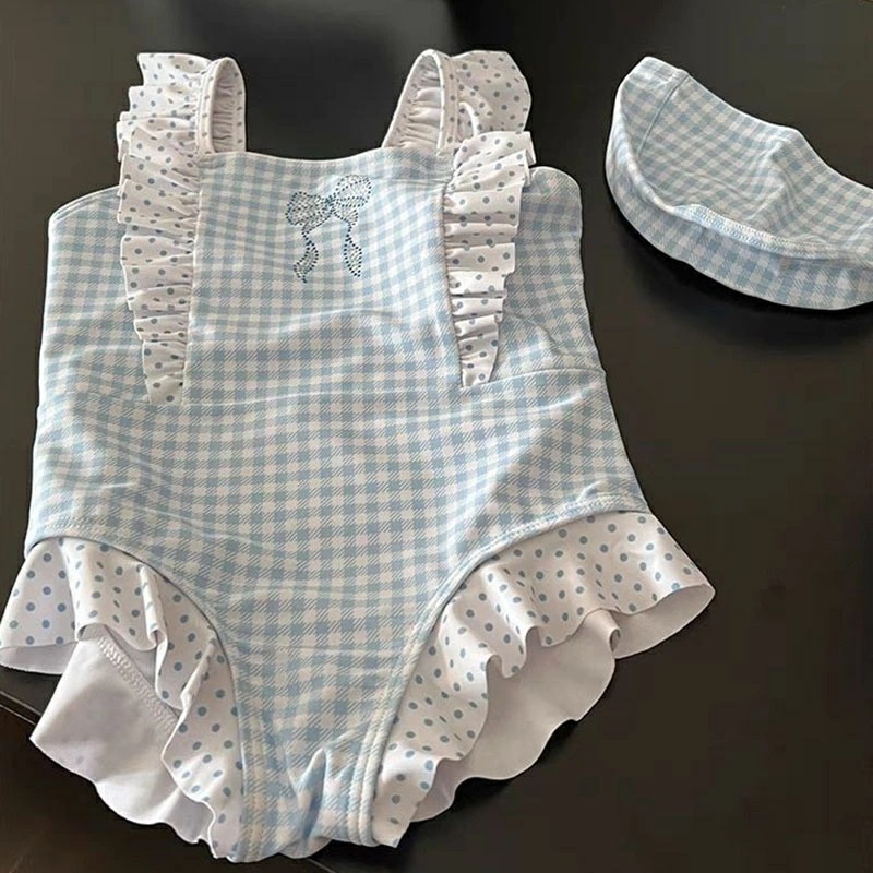 再入荷品送 料 無 料 キッズ 水着 ワンピース水着 オールインワン 子ども 子供 女の子 帽子付き ノースリーブ フリル付き チェック柄 スイムウェア かわいい 紫外線対策 日焼け対策 こども みず