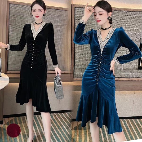 ドレス 大人 ピアノ 発表会 膝丈 ベルベット イブニングドレス 演奏会 ピアノ発表会 長袖 Vネック ワンピース 二次会 女子会 パーティードレス 大人 S M L XL dd233t2t2ze