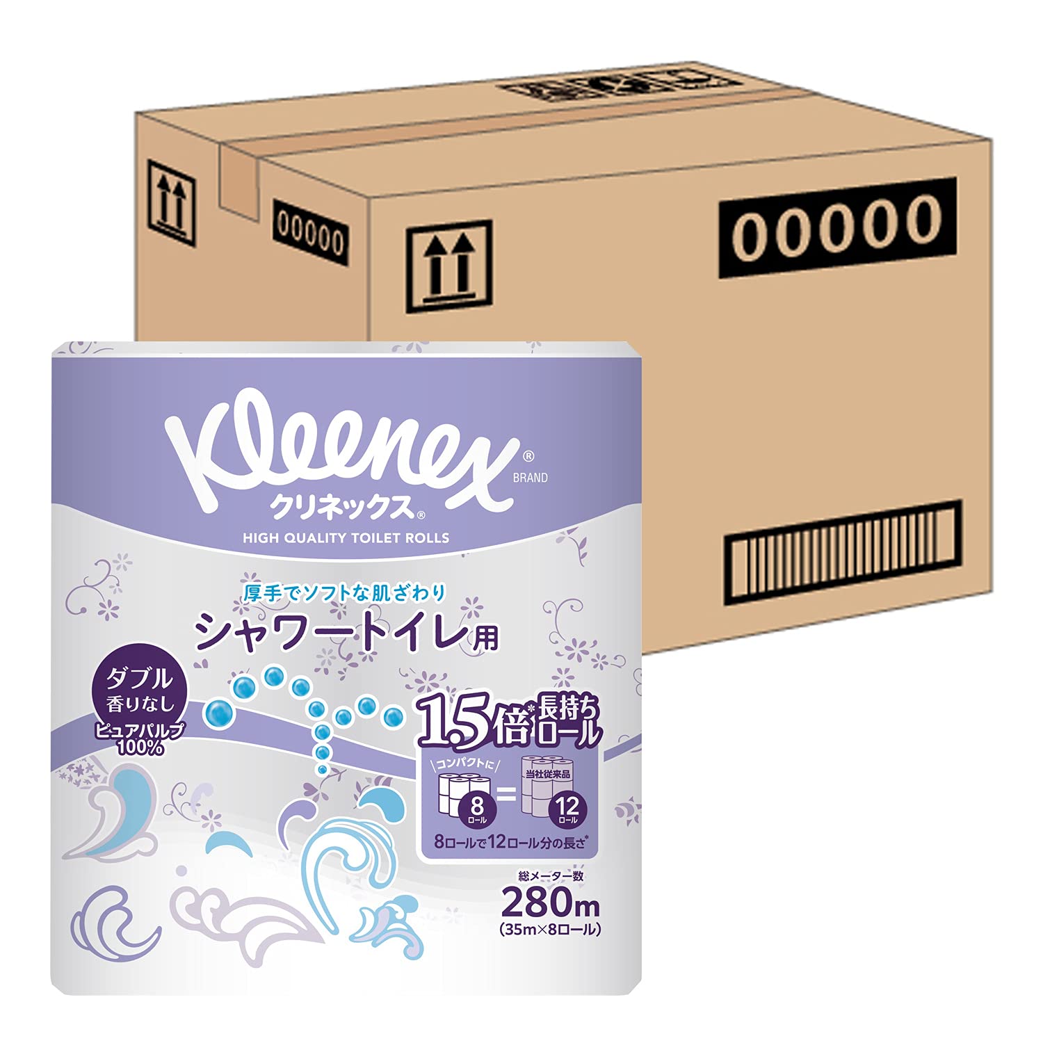 クリネックス 【ケース販売】 シャワートイレ用 長持ち(8ロールで12ロール分)トイレット 35mダブル ×8パック入り