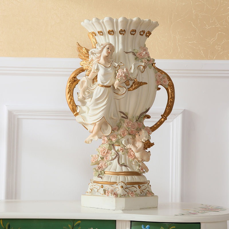 花瓶 持ち手付き ヨーロッパ 西欧 ゴージャス インテリア 大きい リビングルーム ダイニングルーム ホテル ショップ カフェ アンティーク調 花 花束 フラワー 天使 モチーフ 豪華 ゴールド