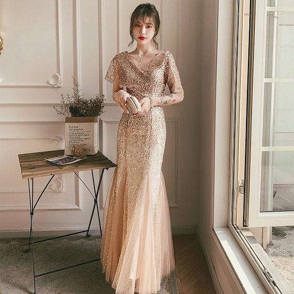 夏入荷パーティードレス マーメイドライン スパンコール 結婚式 成人式 パーティードレス エレガント トレーン 誕生日 花嫁ロングドレス 演奏会 | [Patypeety] マーメイドドレス スパンコール イブニング