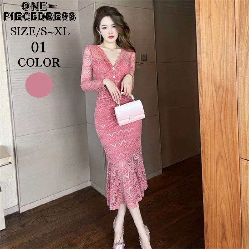 ワンピスドレス　タイトワンピース　パーティードレス　フォーマルドレス　ナイトドレス　総レースドレス　フレアスカート　長袖　Vネック　姫系　セクシー上品 大人 きれいめ キャバ嬢　お水　結婚式 ドレス