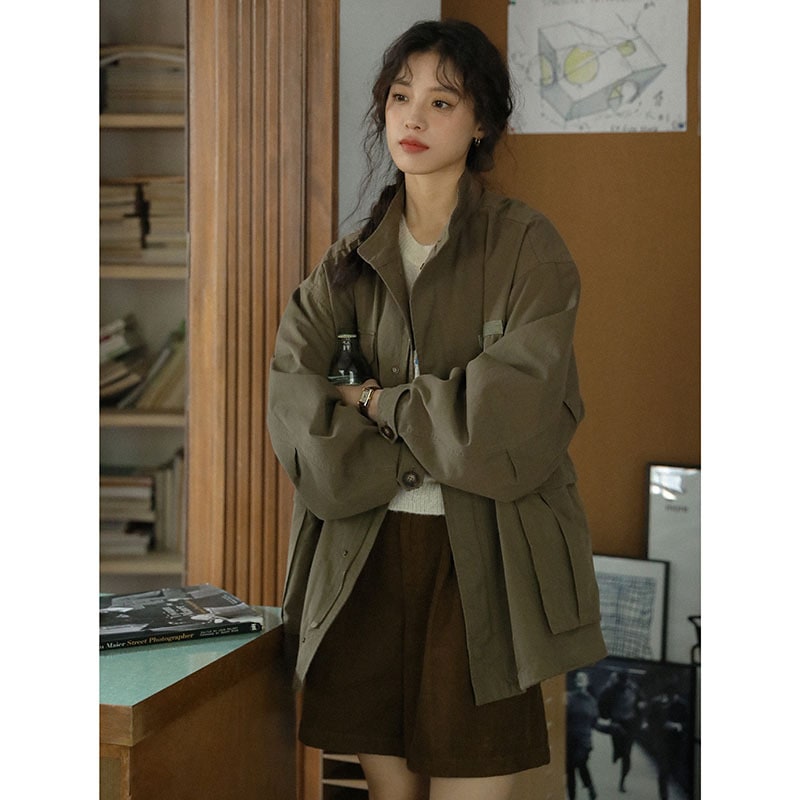 リアルショット2025スプリングニューホンコンスタイルレトロカジュアルヘビー業界洗浄コットンミディアムレングスジャケットレディースウィンドブレイカージャケット