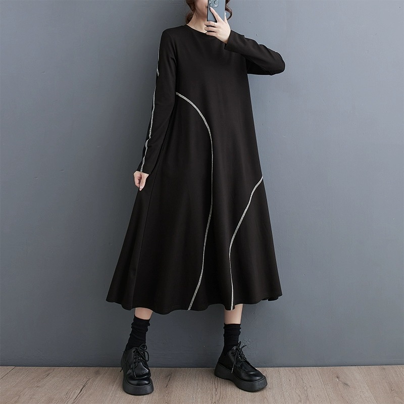 大きいサイズ春秋の新型の暗い明線は色Tシャツワンピースにぶつかって痩せアンダーウェアロングワンピース