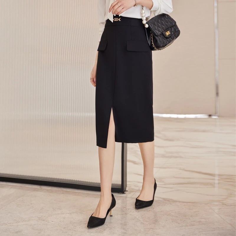 脚魅せミニスカートol半身スカート女性高腰オープンフォーク中長タイプ女性半スカート気質スーツスカート