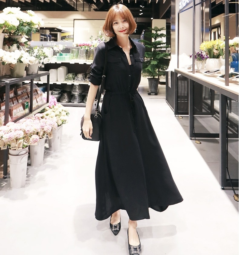 1738.マキシ丈シャツワンピース（ブラック）2019 春夏 sale 春夏 sale 通学 通勤 カジュアル きれいめ 普段使い お呼ばれ