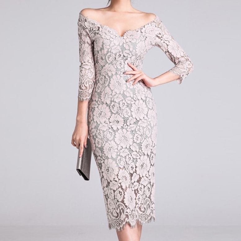 ワンピース レディース 総レースワンピース オフショルダー ドレス タイト 7分袖 ひざ丈 スリム