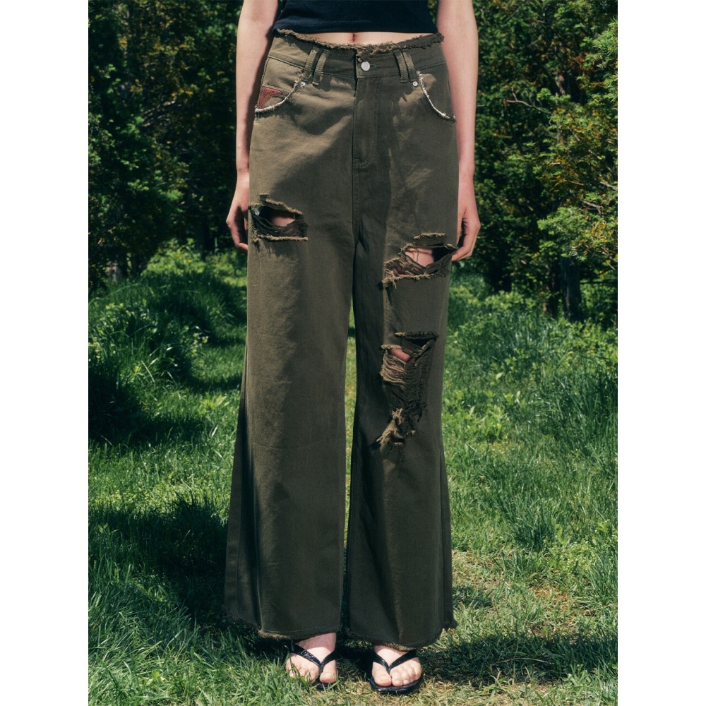 ILLIGO ダメージセミワイドパンツカーキ