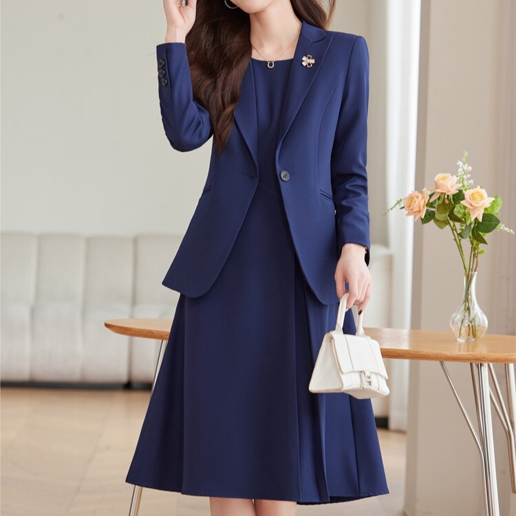 2点セット レディース ジャケット ワンピース スーツ セットアップ タックスカート 膝丈 ミモレ 長袖 ラウンドネック 襟付き 角襟 フレア Aライン タックプリーツ ウエストマーク ポケット