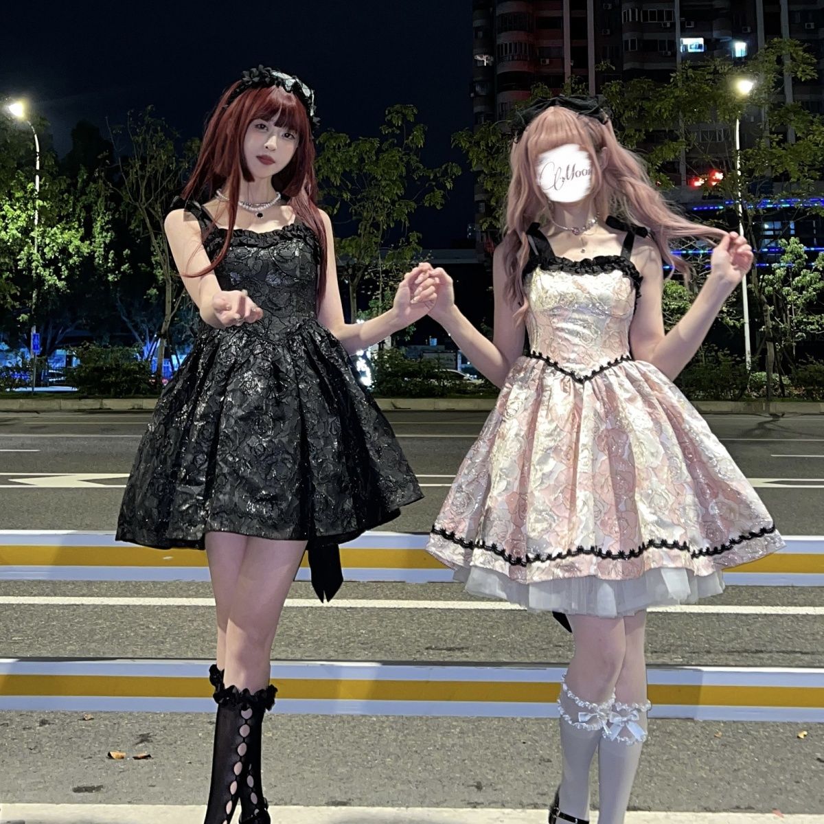 ダーク柄ジャガードビッグリボンバックレスjskサスペンダー甘辛ロリータワンピース