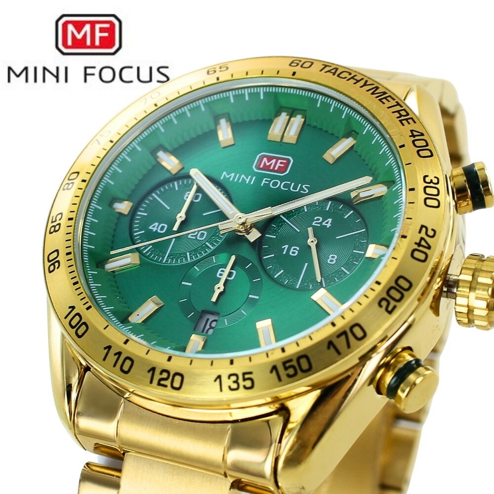 正規品 MINI FOCUS メンズ腕時計 ステンレスバンド かっこいい 腕時計 手表 メンズ 父の日 クロノグラフ クォーツ ゴールド グリーン 高級感 大人 おしゃれ ビジネス カジュアル 誕生日