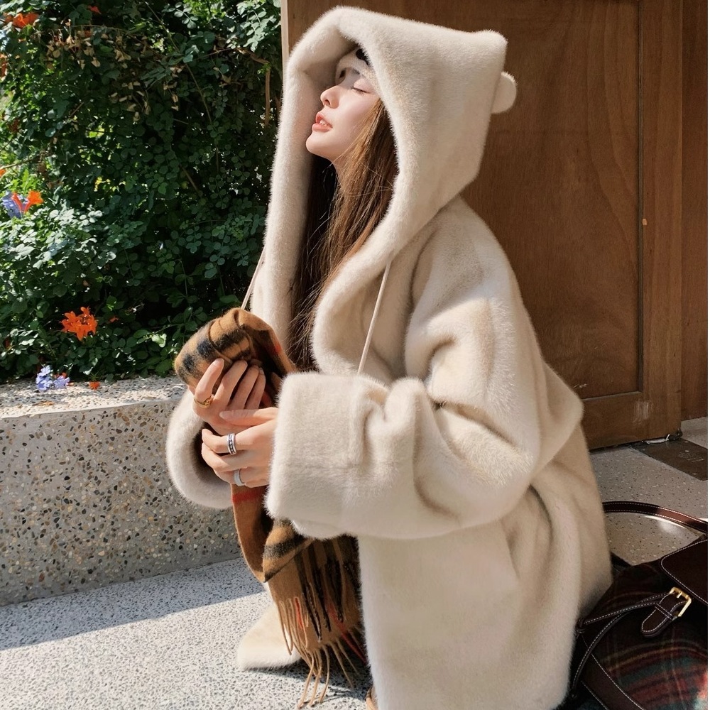 レディース フード付きフェイクミンクコート レザー&ファー一体 ミディアム丈 ふわふわ 保温 冬物 エコファー