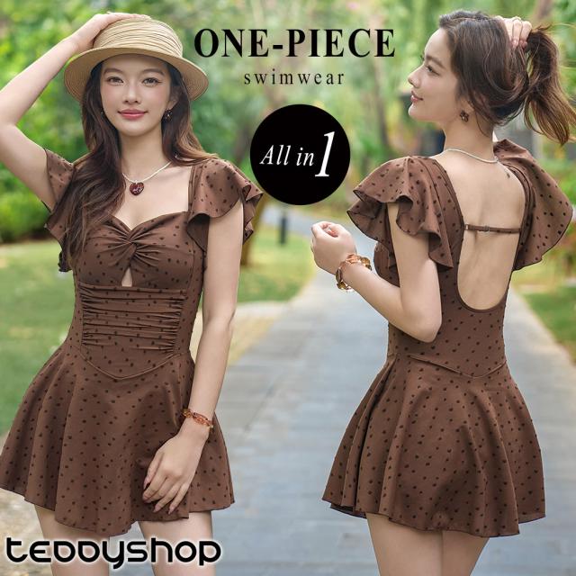 即納夏新作 水着 ワンピース 体型カバー レディース オールインワン 水玉 胸パッド付き 肩フリル 袖あり フレア 胸元 ツイスト 刺繍 ギャザー バックオープン ペンタゴンネック ノンワイヤー 一体