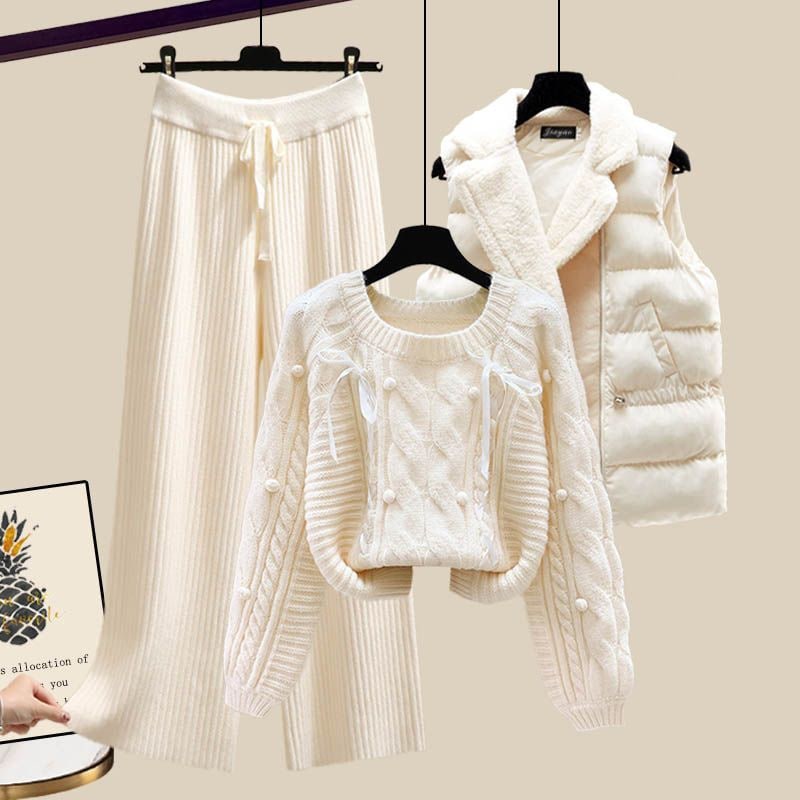小柄な人 冬服 3点セット ベスト+セーター+ワイドパンツ スーツ 厚手 カジュアル レディース セットアップ