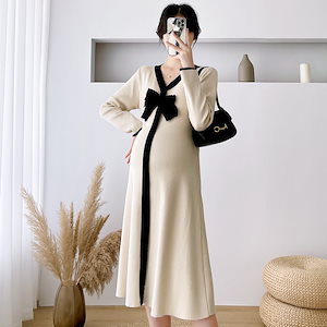 マタニティウェア 秋の新作韓国語版 ファッション リボン 個性的 大きいサイズ ゆったり マタニティドレス