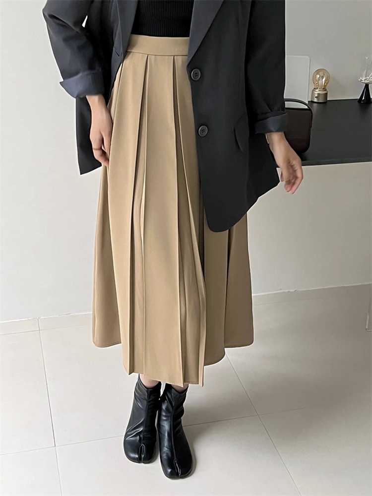 早い者勝ち プリーツスカート ピュアカラー カジュアル スリム 快適である ハイウエスト ロングスカート