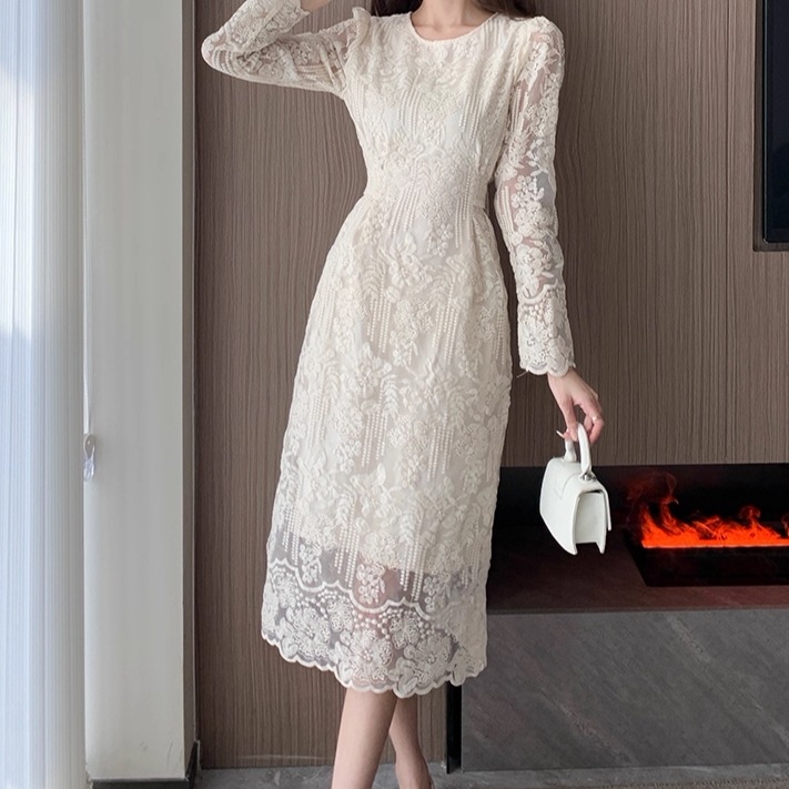 レディース ワンピース ミモレ 長袖 ラウンドネック Iライン ウエストマーク バックリボン バックスリット ハイウエスト 透け感 かわいい 大人可愛い きれいめ 上品 おしゃれ ガーリー エレガント